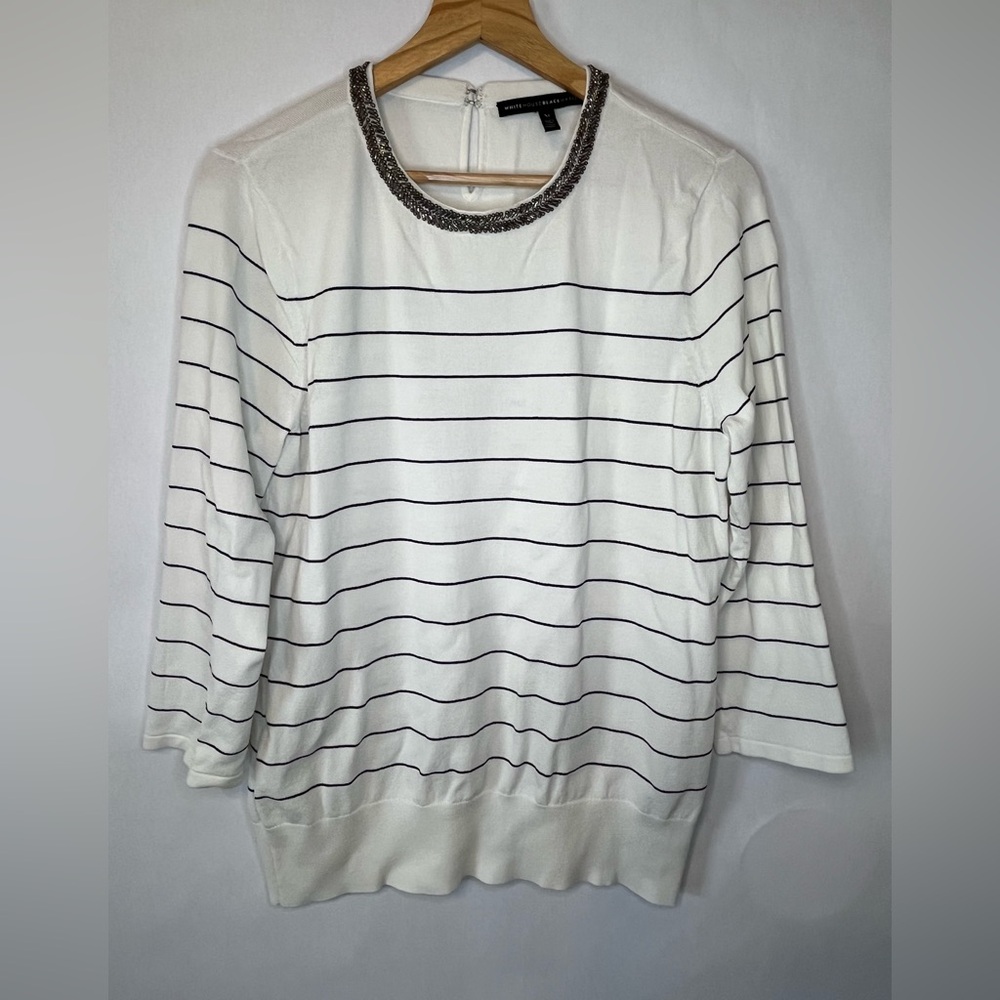 White House Black Market White Striped Boatneck Sweater with Embellished Collar